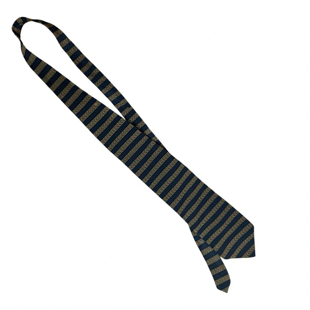 Kenneth Cole Striped Geometric Pattern Dark Blue and Tan Silk Tie